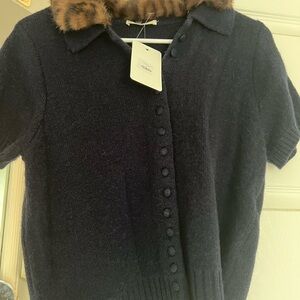 Sunday Navy Short-Sleeve Cardigan with Faux Fur Trim